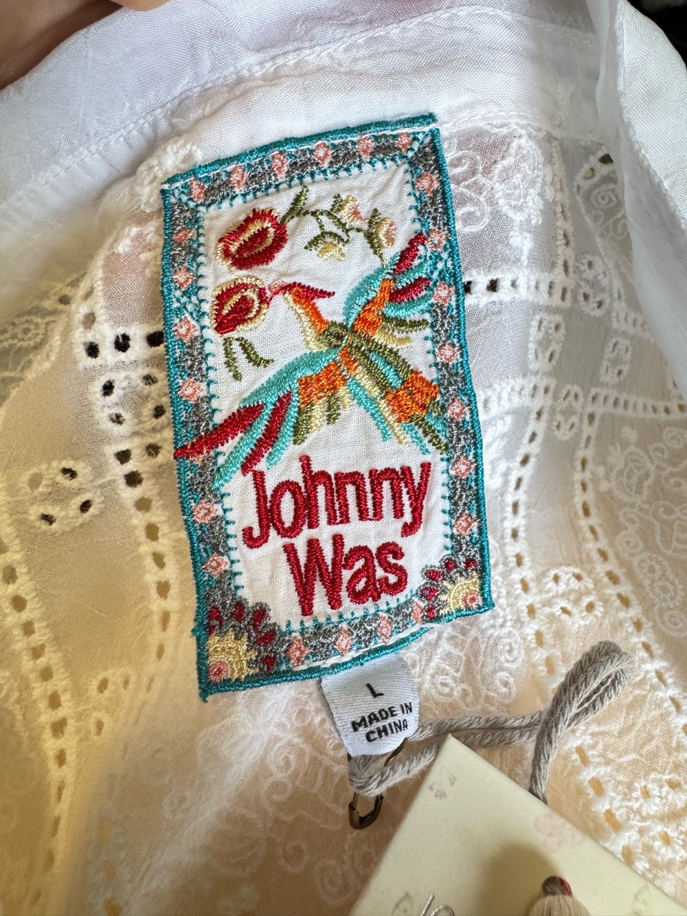 Johnny Was NYX Shirt Off White Mixed Media Blouse Large Coastal Euro Summer NWT - Picture 13 of 16